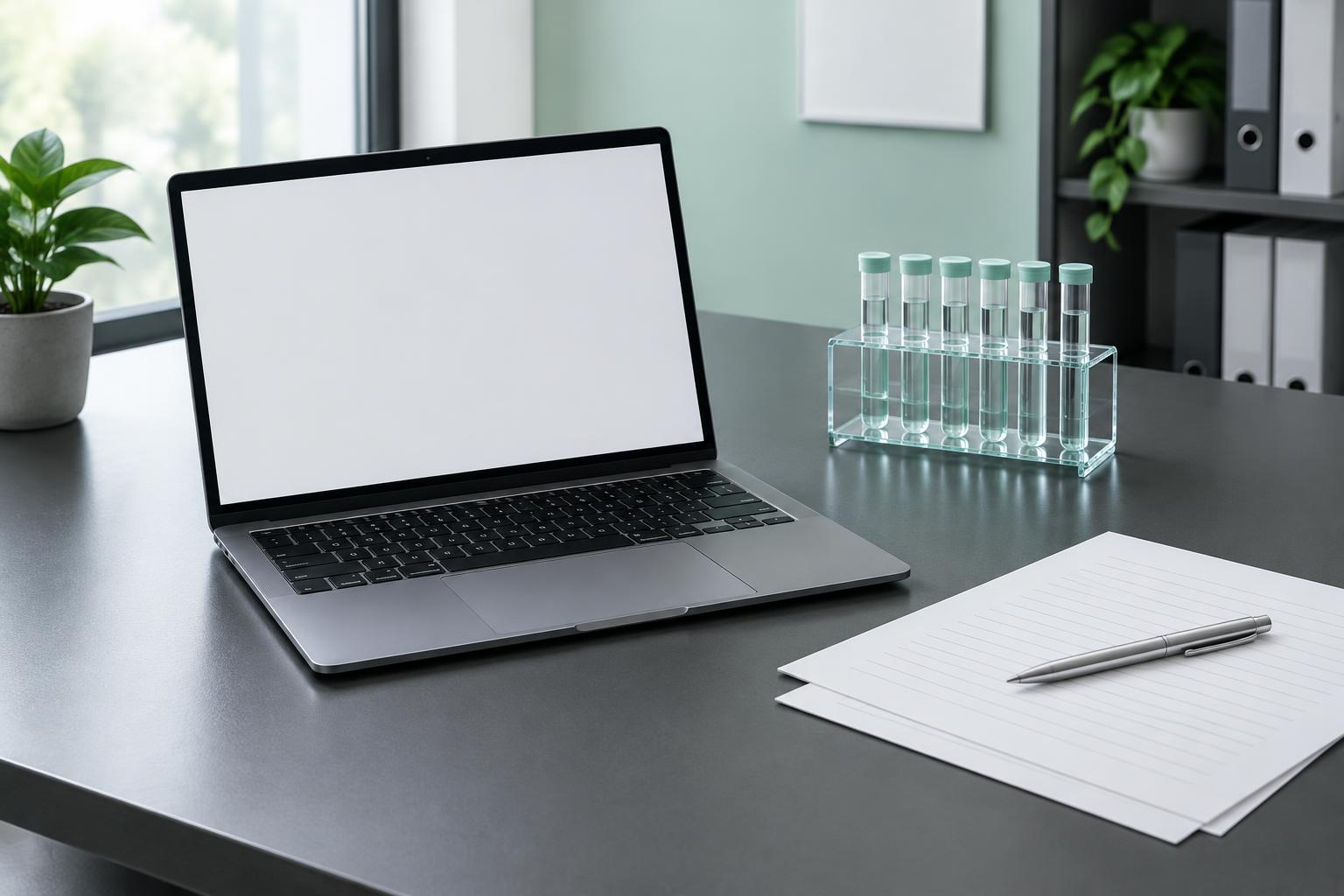 Laptop, research samples, and review documents